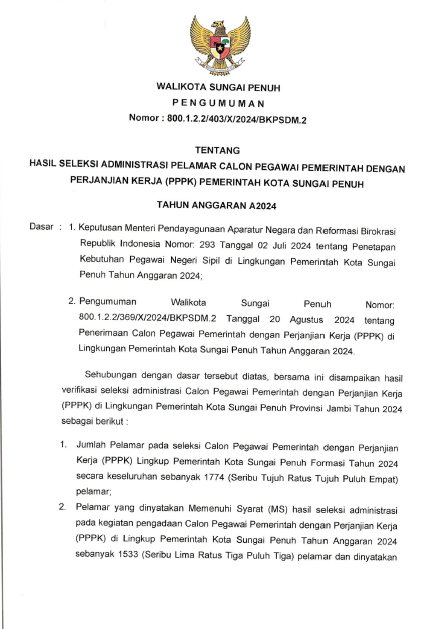 Pengumuman PPPK Lingkup Kota Sungai Penuh